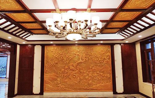 衢州中式别墅客厅中式木作横梁吊顶装饰展示